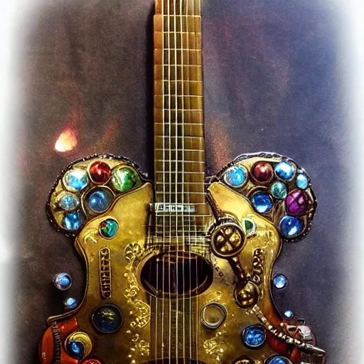 Image similar to photo of a steampunk electric guitar with ornaments and gems, ultra realistic, mucha, art deco