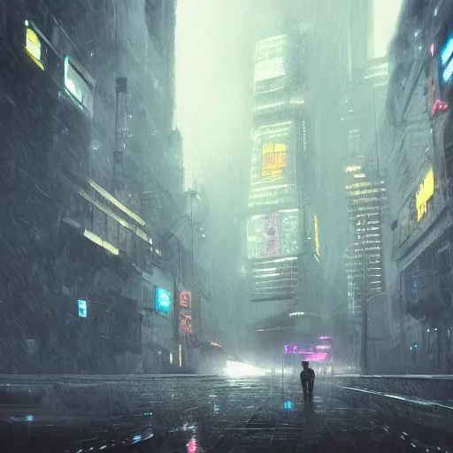 Image similar to rain, giant futuristic cyberpunk spaceship with small character silhouette in the foreground, blade runner, dense fog, bloom, cinematic contrasted lighting, ultra detailed, trending on artstation