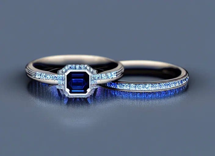 Image similar to futuristic!! diamond wedding ring, sapphire, ( design by porsche!!!!! ), xf iq 4, 1 5 0 mp, 5 0 mm, f / 1. 4, iso 2 0 0, 1 / 1 6 0 s, natural light, octane render, macro shot, symmetrical balance, polarizing filter, sense of depth