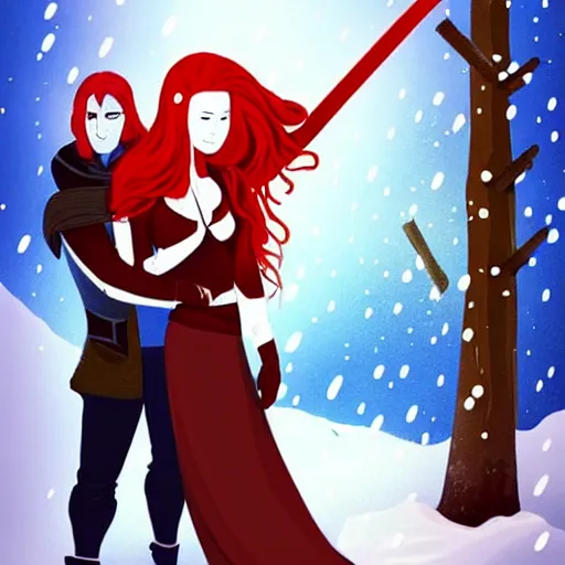 Image similar to A woman and a man are standing in the snow, the woman is leaning against the man, the man has long red hair, the woman has blonde long hair, the man has a red thick sword, the woman has a thin, long sword, a tree almost fully covered in bulky snow, concept art by Fabien Charuau, trending on pixiv, fantasy art, official art, wiccan, concept art, 4k, sharp details