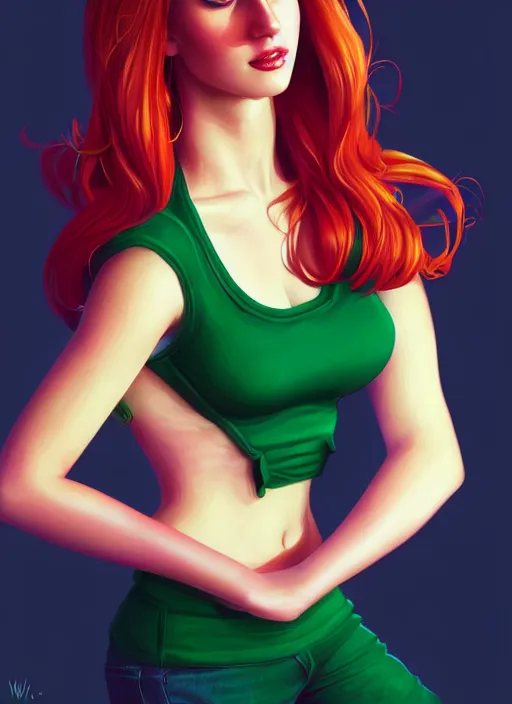 Image similar to full body portrait of teenage cheryl blossom, bangs, green eyes, mischievous expression, red hair, sultry smirk, bangs and wavy hair, intricate, elegant, glowing lights, highly detailed, digital painting, artstation, concept art, smooth, sharp focus, illustration, art by wlop, mars ravelo and greg rutkowski