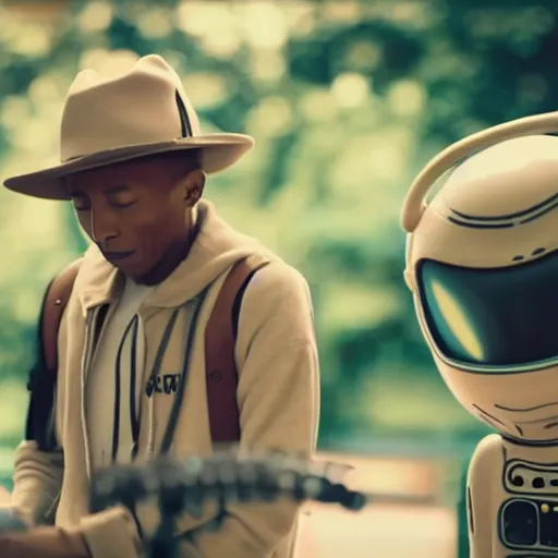 Image similar to cinematic film still of Pharrell Williams Making A Beat with an anthropomorphic alien, Japanese VFX, 2018, 400mm lens, f1.8, shallow depth of field,film photography