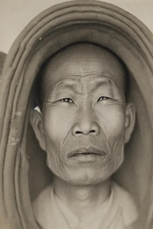Prompt: ultra realistic vintage photo portrait of a tibetan man with a tunnel in forehead, by Irving Penn