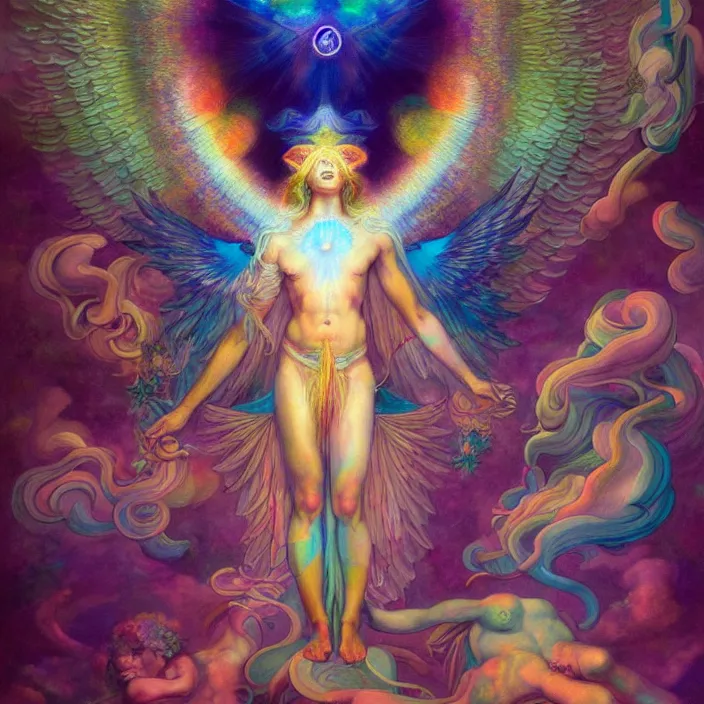Prompt: psychedelic angelic celestial being by rembrandt and peter mohrbacher, ayahuasca, energy body, sacred geometry, esoteric art, rainbow colors, divinity