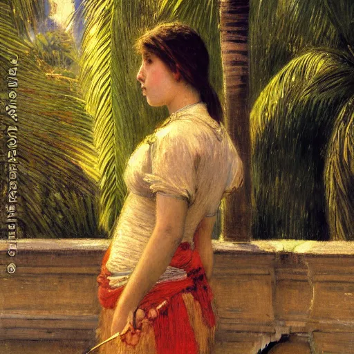 Image similar to a ultradetailed beautiful painting of a girl at night on the amazonas palace by jules bastien - lepage, hans belmer, frank weston and gustave baumann, trending on artstation, mediterranean, palm trees, light sparkles, sharp focus, soft light, 8 k 4 k