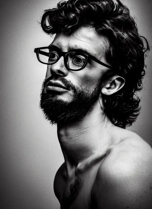 Prompt: black and white, studio photograph of a male andrea belluci wearing glasses the painter artist, anxiety and depression, intricate, elegant, highly detailed, hyper realistic, dark background, flickr, smooth, sharp focus, shot by canon