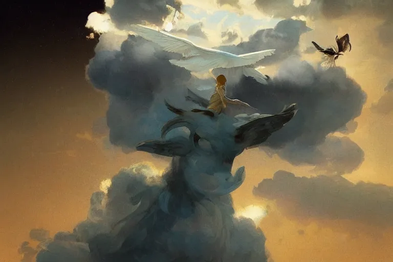 Prompt: she dreamed of flying in the clouds with ghosts of yesteryear, golden hour, mystical, smooth, sharp focus, fantasy, 85mm, DOF, art by Caravaggio, Greg rutkowski, Sachin Teng, Thomas Kindkade, Norman Rockwell, Tom Bagshaw