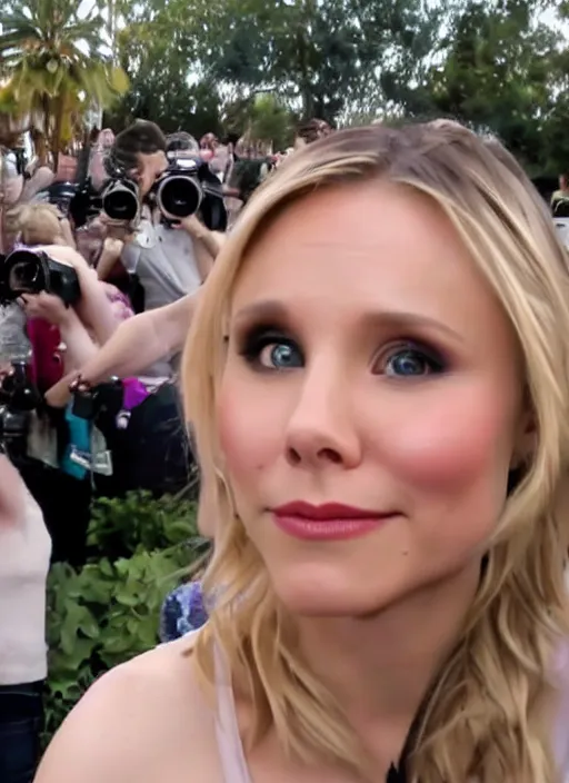 Prompt: pov, first - person - view, cameras's pov of a date with kristen bell, kristen is going for a kiss to the camera's pov