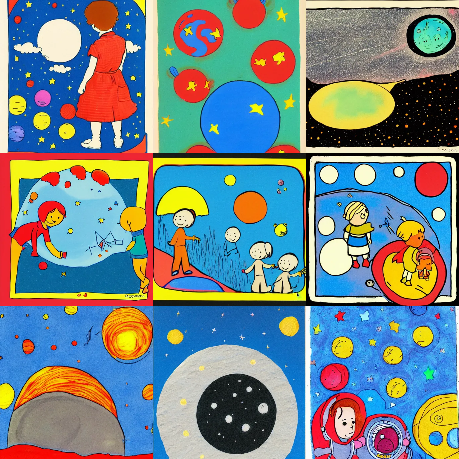 Prompt: The children looked down at the craters on the moon from a spaceship, Illustration for small Children in the style of Dorothy Brook, , primary color scheme