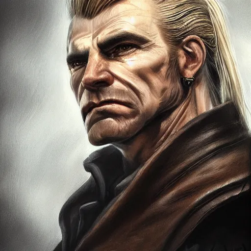 Prompt: portrait of a muscular, grim, ponytail haired blonde man in his late 30's, wearing a thick brown leather coat, looking to his side, scarred face, chiseled face, hunter, DnD character, fantasy character, dramatic lighting, high detail, graphite black and white by Ruan Jia, Krenz Cushart, Rossdraws and Boris Vallejo