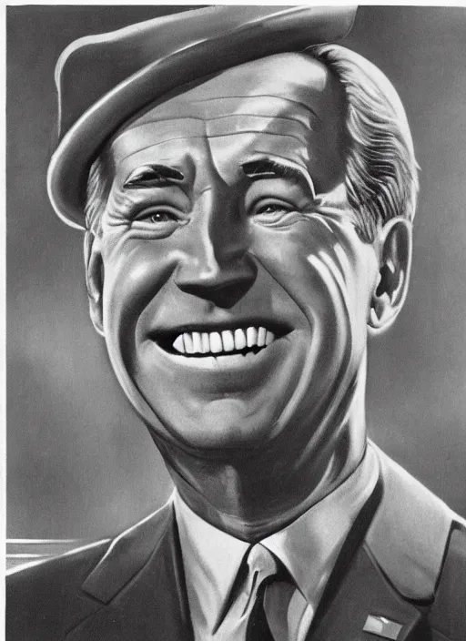 Image similar to first person perspective of joe biden staring directly at you ominously with a big scary smile, 1940s scare tactic propaganda art