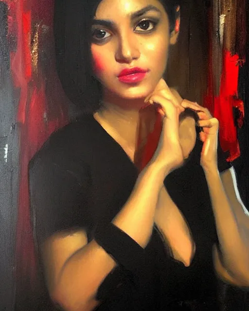 Image similar to beautiful portrait painting an gorgeous delhi girl wearing a little black dress at a nightclub, red lighting, oil painting, art by ruan jia