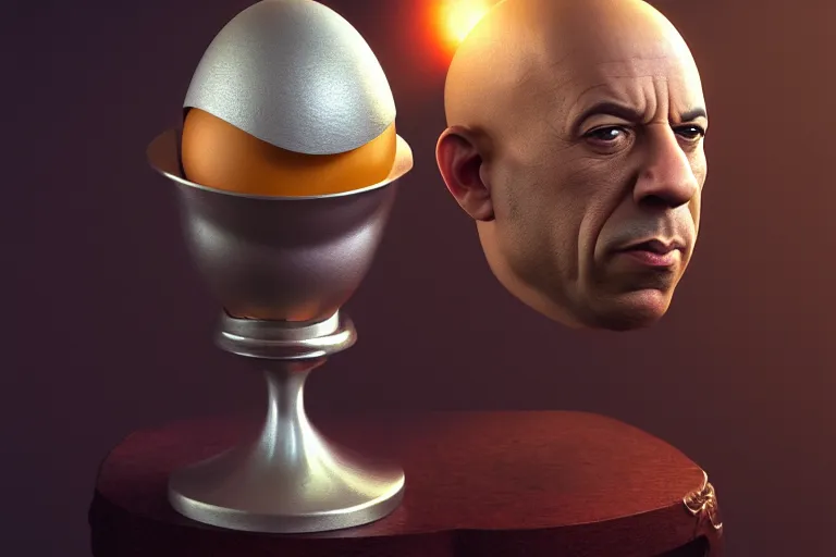 Image similar to silver egg cup, vin diesel head in egg cup, head is an egg, hyper detailed, digital art, artstation, cinematic lighting, studio quality, smooth render, by boris vallejo, craig mullins, artgerm, caravaggio