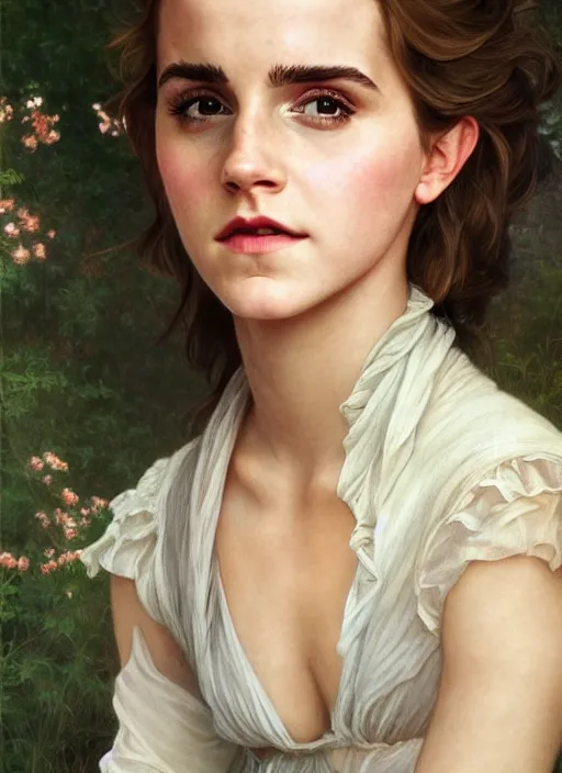 Image similar to portrait emma watson as 21th century country girl, full length shot, shining, 8k highly detailed, sharp focus, illustration, art by artgerm, mucha, bouguereau