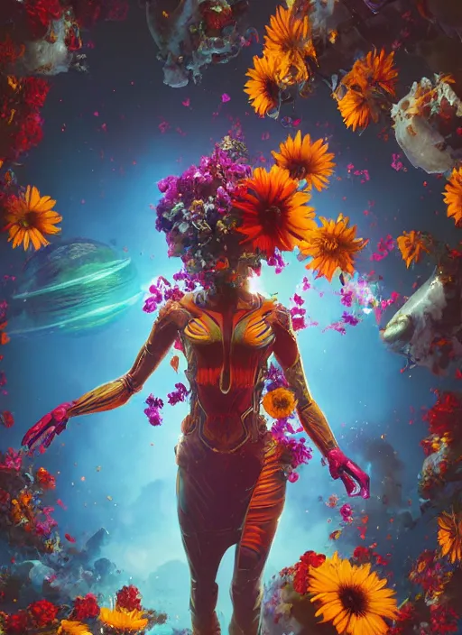 Image similar to An epic fantastic realism comic book style painting of the most beautiful flowers launched across the galaxy, bouquets, fisheye lens, unreal 5, DAZ, hyperrealistic, octane render, dynamic lighting