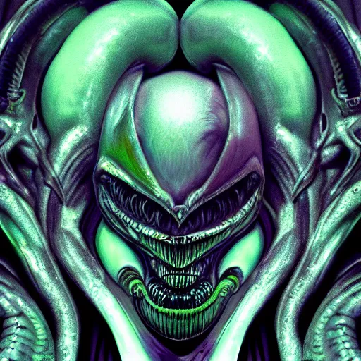 Image similar to xenomorph queen human hybrid, dragon eggs, dark emerald mist colors, giger void liminal backfill, realistic, award winning photograph, various refining methods, micro macro autofocus