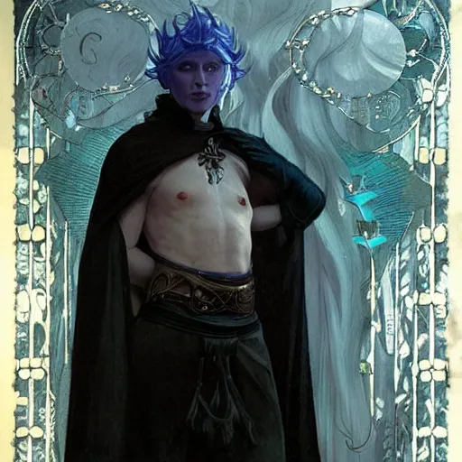 Image similar to portrait of an androgynous albino Viking elf with blue-tinged skin and ghostly art nouveau tattoos wearing black cloak and expression of manic disdain by Greg Rutkowski, Brom, Yoshitaka Amano!!!! and Alphonse Mucha