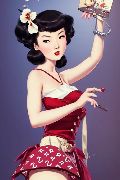 Image similar to a vintage pin up and beautiful fashion dreamlke japan girl with lv jewelry, character art, art by artgerm and wlop and and ilya kuvshinov, hyperdetailed, 8 k realistic, symmetrical,, frostbite 3 engine, cryengine, dof, trending on artstation, digital art, chanel, dior, fantasy background