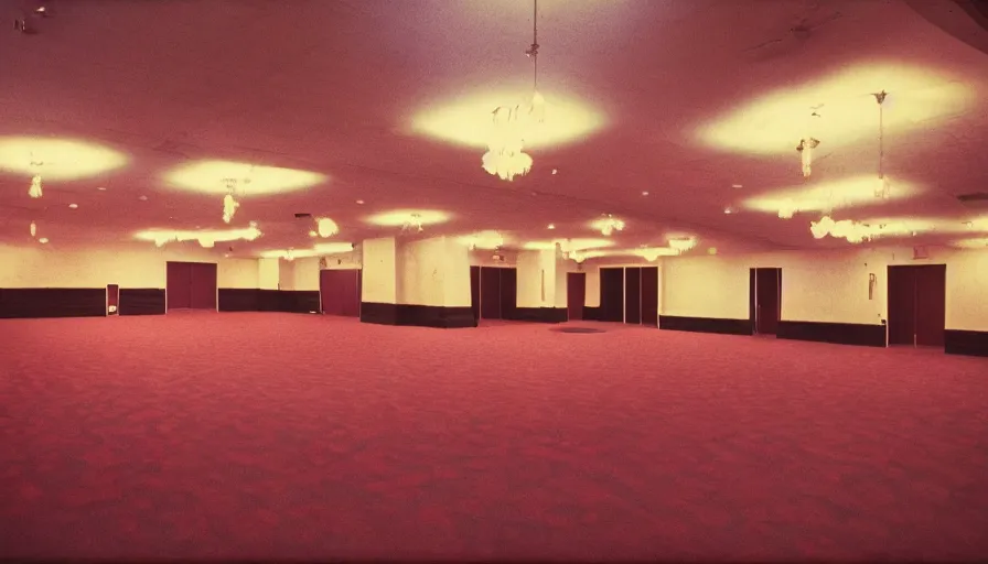 Image similar to 70s movie still of a ballroom , cinestill 800t Technicolor, heavy grain, high quality, criterion collection, liminal space style