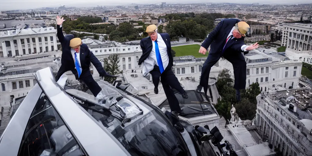 Prompt: a professional cinematic photo of 1 donald trump fighting 1 elon musk on top of white house. extremely high fidelity. key light.