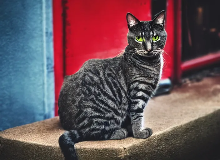 Prompt: photography of a Cat sitting on a box. in a cyberpunk street, award winning photo, colors, 100mm, sharp, high res