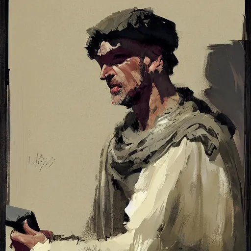 Image similar to portrait of a man wearing medieval clothes reciting poetry, detailed by greg manchess, craig mullins, bernie fuchs, walter everett