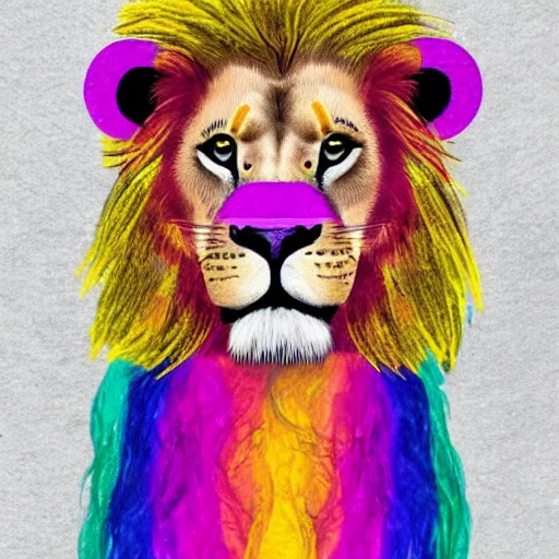 Prompt: a little lion with a bisexual flag behind it