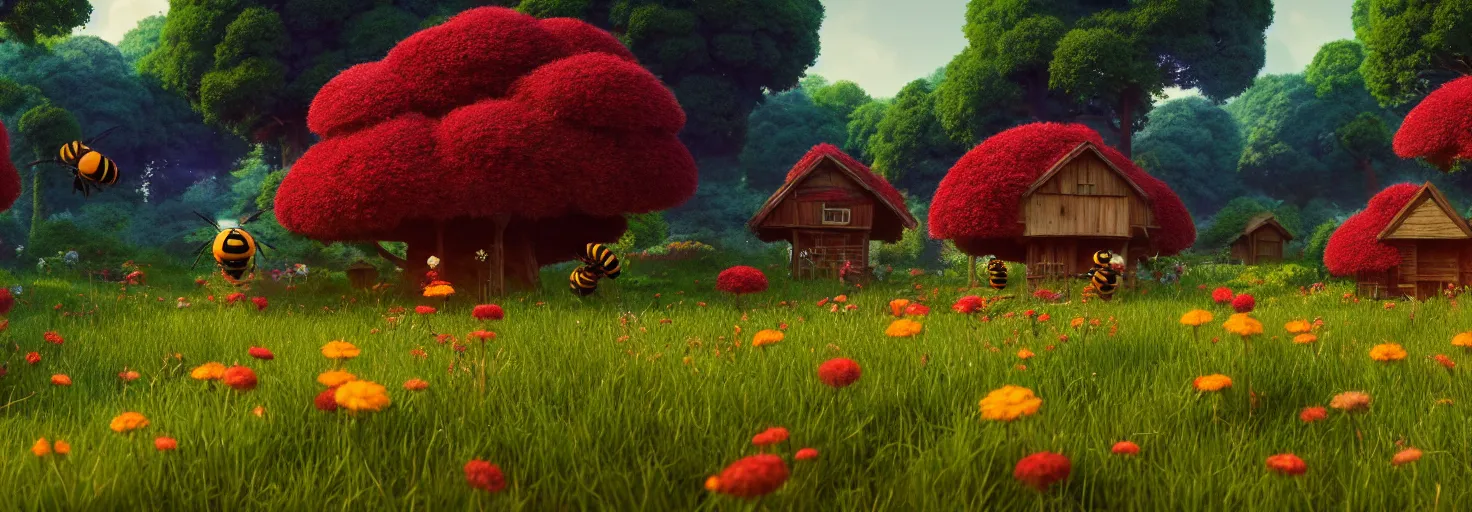 Prompt: stunning glowing dominant large highlighted crimson - black beehive, oversized cute bees in a beautiful forest meadow village landscape, flowers, happy trees, photorealistic, octane render, rtx, hdr, unreal engine, digital art widescreen 8 k, studio ghibli, bob ross, pixar, bee movie, disney