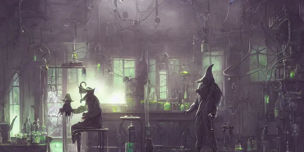 Image similar to a plague doctor and a humanoid rat in a laboratory with lots of flasks filled with magic liquids and green fog, stephen bliss, unreal engine, fantasy art by greg rutkowski, loish, rhads, ferdinand knab, ilya kuvshinov, rossdraws, tom bagshaw, global illumination, radiant soft light, detailed and intricate environment