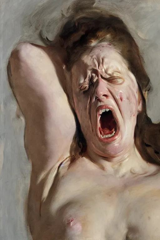 Image similar to a woman enraged, part by Jenny Saville, part by John Singer Sargent