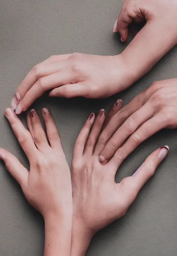 Image similar to a photo of one ultra detailed photorealistic woman's hand with cupped palm up, back of hand on the table, palm pattern visible, instagram photo, studio photo, 9 0 mm, f / 1. 4