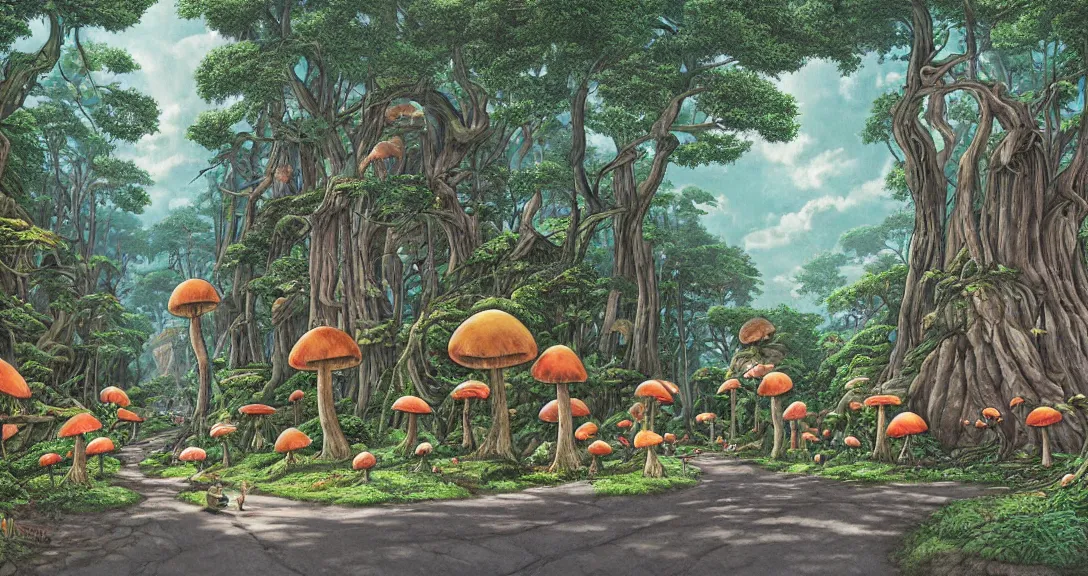 Prompt: road in a forest road, with different birds and animals, small and big fairy tale buildings, giant mushrooms, weird creatures, highly detailed, fantasy art, fairy tale illustration, book illustration, by sven nordqvist, by studio ghibli,