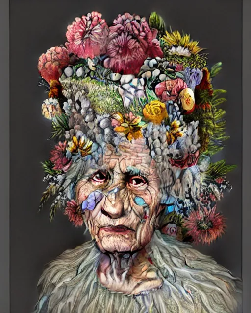 Prompt: a portrait of a fleshy old woman covered in flowers in the style of guiseppe arcimboldo and james jean, covered in wispy gray hair with a hint of neon, hd 3 d, highly detailed and intricate.