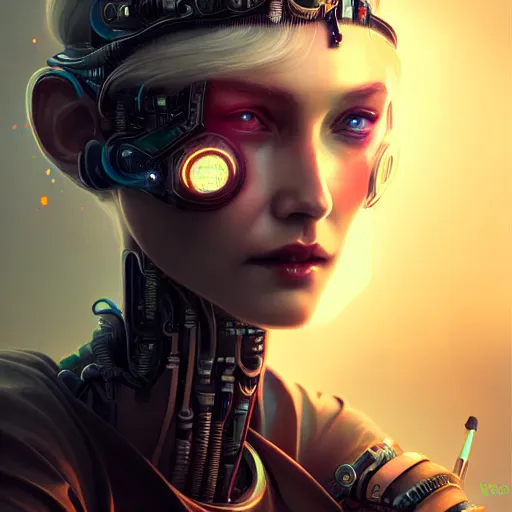 Image similar to cyberpunk robotic elvish queen, diadem on the head, extremely detailed, hyperrealistic, intricate, soft light, fantasy, digital painting, art station, perfect faces, fine details, by wlop