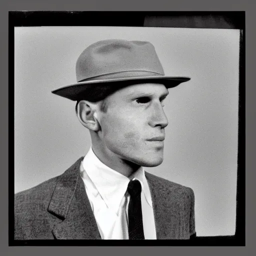 Image similar to A photograph portrait of Jerma985 wearing a suit with and fedora in the 1950s, taken in the early 1950s, grainy, taken on a 1950s Kodak Camera, realistic, hyperrealistic, very realistic, highly detailed, very detailed, extremely detailed, detailed, digital art, trending on artstation