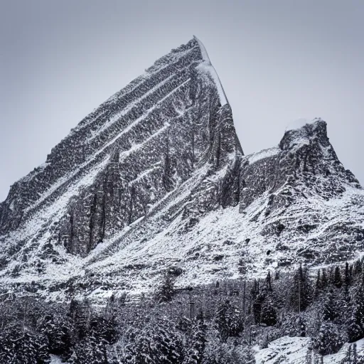 Image similar to a monolithic cathedral on a snowcapped mountain in the artic. grainy, snowing, overcast sky.