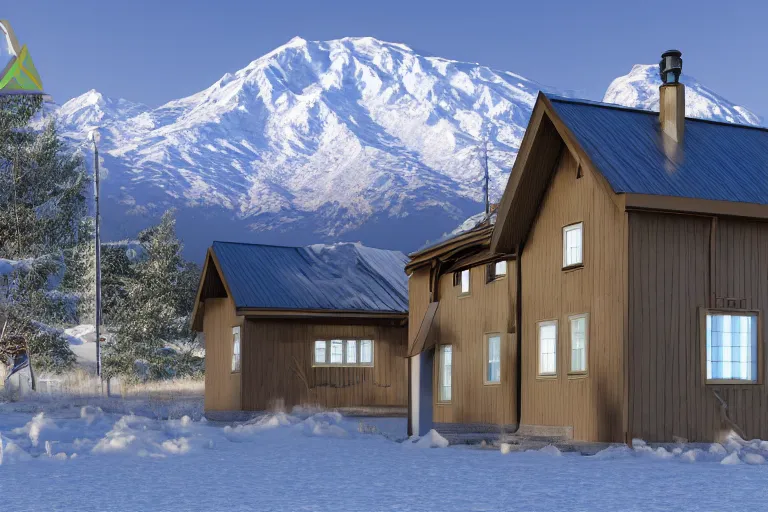 Image similar to modern fachwerk house cottage settlement with Elbrus mountain on the background, architecture, 3d render 8k , high details