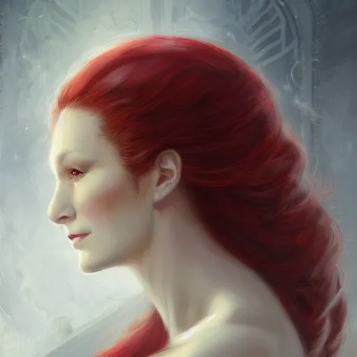 Image similar to a detailed matte head - on portrait painting of an middle - aged tiefling elegant and distinguished noblewoman with golden eyes and short long flowing red hair, by charlie bowater, lise deharme, wlop, tending on arstation, dungeons and dragon, dnd, pathfinder, fanart, oil on canvas