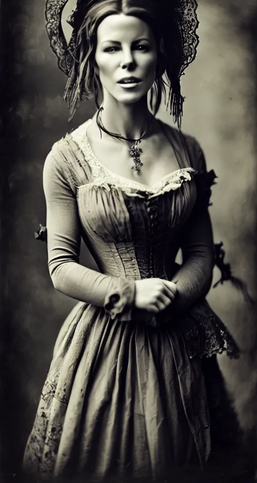 Prompt: a wet plate photograph, a beautiful portrait of Kate Beckinsale dressed in victorian era clothes