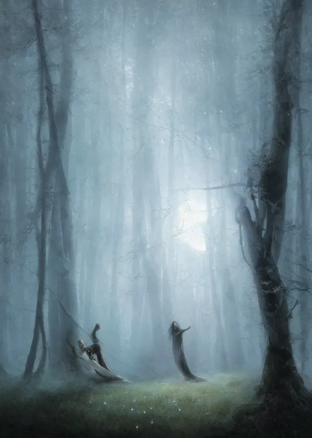 Image similar to dance of the fae by aleksi briclot, greg rutkowski and ivan aivazovsky, dancers in white lit only by the moon, forest meadow at night, moon beams, contemporary dance, volumetric, atmospheric, watercolor, surrealist, artstation, artgerm