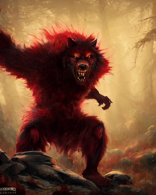 Image similar to oil painting of Angry Werewolf Berserker Beast, wearing red fur, claws, sharp focus, attack pose, fantasy style, octane render, volumetric lighting, 8k high definition, by greg rutkowski, highly detailed, trending on art Station, magic the gathering artwork, burning Battlefield background, centered