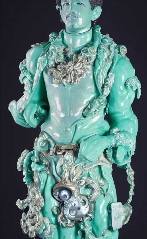 Prompt: a young handsome latino porcelain prince sculpture with a face of a CRT monitor and a large glowing orange crystal in the center of his chest, full-body bronze cyberpunk style statue of Andromeda with glowing green laser eyes, crown of mechanical chrysanthemums, flowing aqua silk, fabric, steampunk flowers. baroque elements, human hands. full-length view. baroque element. intricate artwork by caravaggio. many flying horses on background. Trending on artstation, octane render, cinematic lighting from the right, hyper realism, octane render, 8k, depth of field, 3D