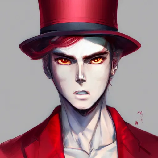 Image similar to semi realistic anime illustration of top hat wearing red haired effeminate man, with beautiful hyperdetailed eyes, facing camera directly, full face portrait made by Stanley Artgerm, WLOP, Rossdraws, James Jean Andrei Riabovitchev, Marc Simonetti, Yoshitaka Amano, Artstation