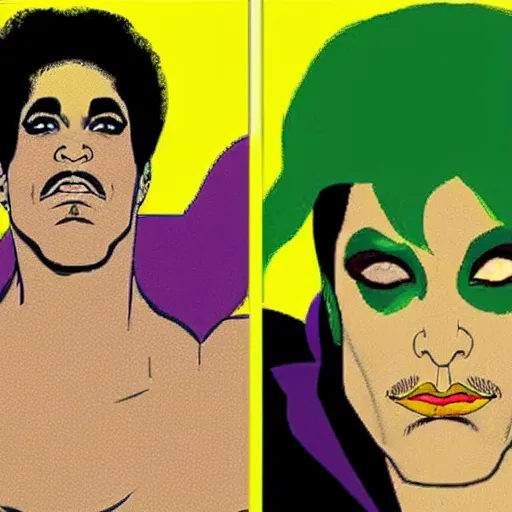 Image similar to a portrait of prince as the comic book villain gemini. half his face is white with green hair. in the style of herbert bayer