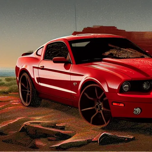 Prompt: a detailed picture jesus riding in a red ford mustang fastback, detailed, intricate, photorealistic, 4 k, art by greg rutkowski and rembrandt