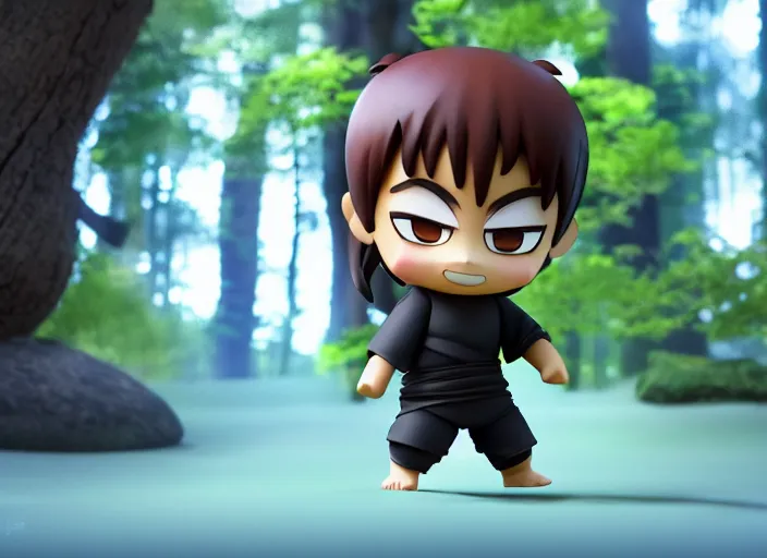 Prompt: zen ninja as nendoroid walking in a forest in the croods movie style, anime, disney, pixar, 8 k, hd, dof, kodak film, volumetric lighting, subsurface scattering, photorealistic, octane render, details