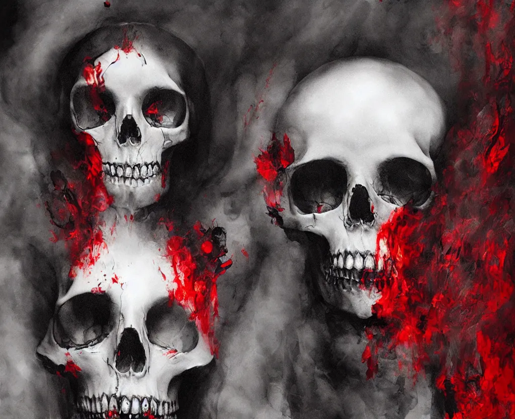 Prompt: fashion portrait of a lady skull from heaven covered with black smoke and transparent red fabric, a painting by h. r giger, greg rutkowski. hyper detailed portrait.