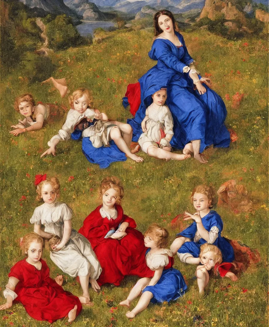 Prompt: Only three people in the picture: Detailed Portrait of beautiful Madonna with blue skirt and a red shirt and two boys playing in the style of Raffael. The boys are very small and only cloth is blue linen. They are sitting in a dried out meadow. In the background, there is a lake with a town and mountains. Flat perspective.