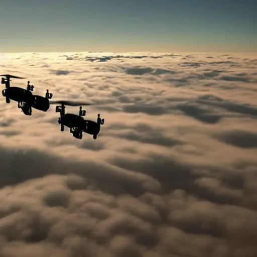 Image similar to cinematic areal shot of three baykar drones flying through the clouds