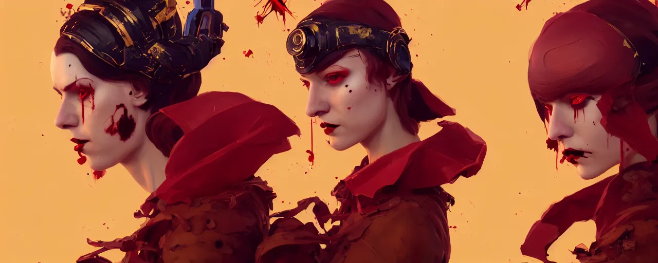 Image similar to duotone crimson noir illustration 3 / 4 portrait of orianna pale bruxa vampire from witcher 3 brownish ginger short hair chin length hairstyle headband brown clothes with golden ornaments. dynamic composition. by sachin teng and sergey kolesov and ruan jia and heng z. graffiti art, scifi, fantasy, hyper detailed. octane render. concept art. trending on artstation